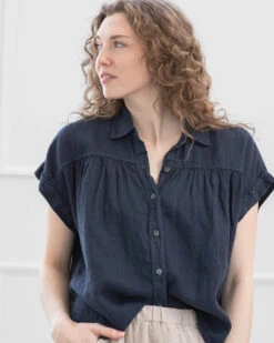 Velvet Aria Shortsleeve Linen Shirt -Home Textiles Shop AriaShortsleeveLinenShirtNavy1