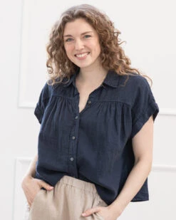 Velvet Aria Shortsleeve Linen Shirt -Home Textiles Shop AriaShortsleeveLinenShirtNavy3