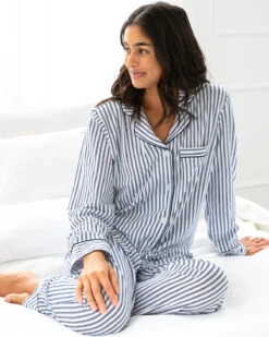 Navy Ticking Pima Cotton Jersey PJ -Home Textiles Shop Navy Ticking Pima Cotton Jersey PJ2