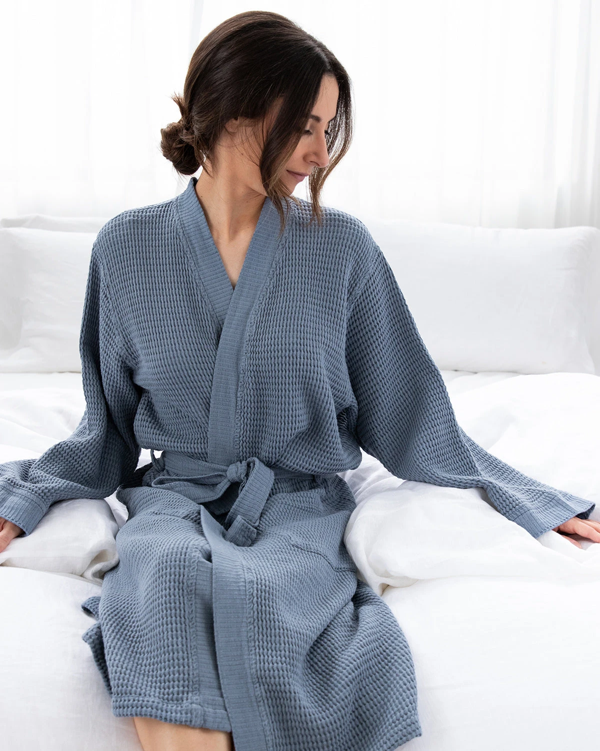 Washed Cotton/Bamboo Waffle Robe Sea Blue 3 Washed Cotton/Bamboo Waffle Robe Sea Blue