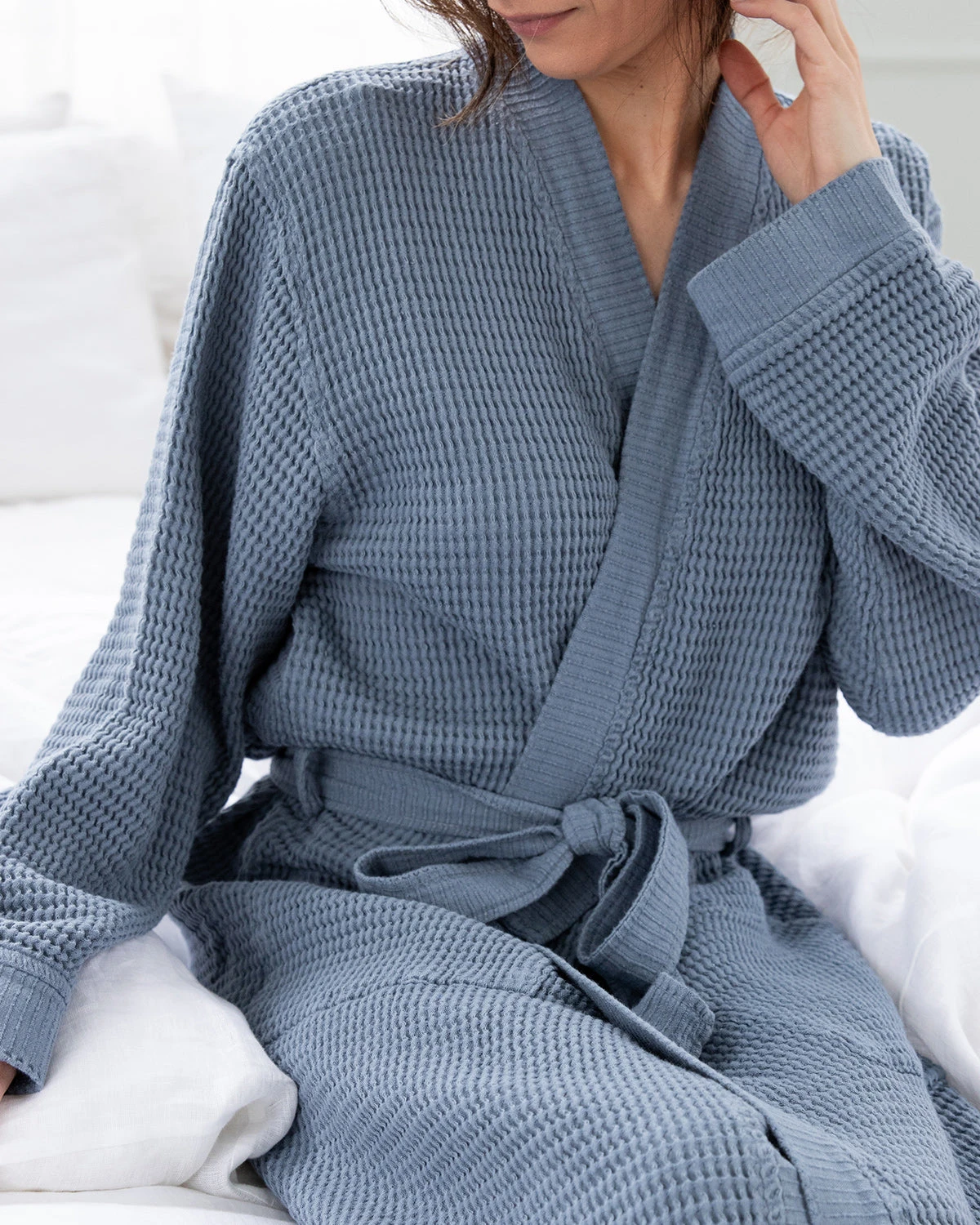 Washed Cotton/Bamboo Waffle Robe Sea Blue 4 Washed Cotton/Bamboo Waffle Robe Sea Blue - Image 2