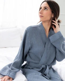 Washed Cotton/Bamboo Waffle Robe Sea Blue 12 Washed Cotton/Bamboo Waffle Robe Sea Blue -Home Textiles Shop Washed Cotton Bamboo Waffle Robe Sea Blue3