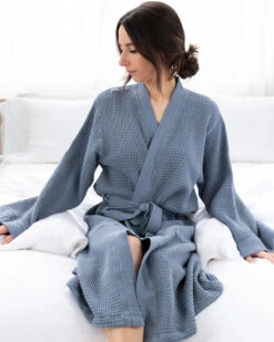 Washed Cotton/Bamboo Waffle Robe Sea Blue 13 Washed Cotton/Bamboo Waffle Robe Sea Blue -Home Textiles Shop Washed Cotton Bamboo Waffle Robe Sea Blue4