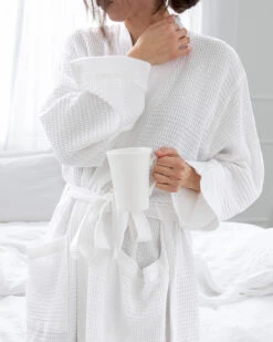 Washed Cotton/Bamboo Waffle Robe White 14 Washed Cotton/Bamboo Waffle Robe White -Home Textiles Shop Washed Cotton Bamboo Waffle Robe White2