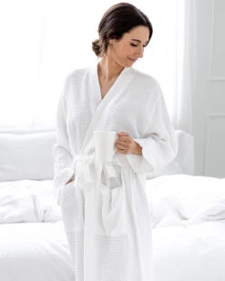 Washed Cotton/Bamboo Waffle Robe White